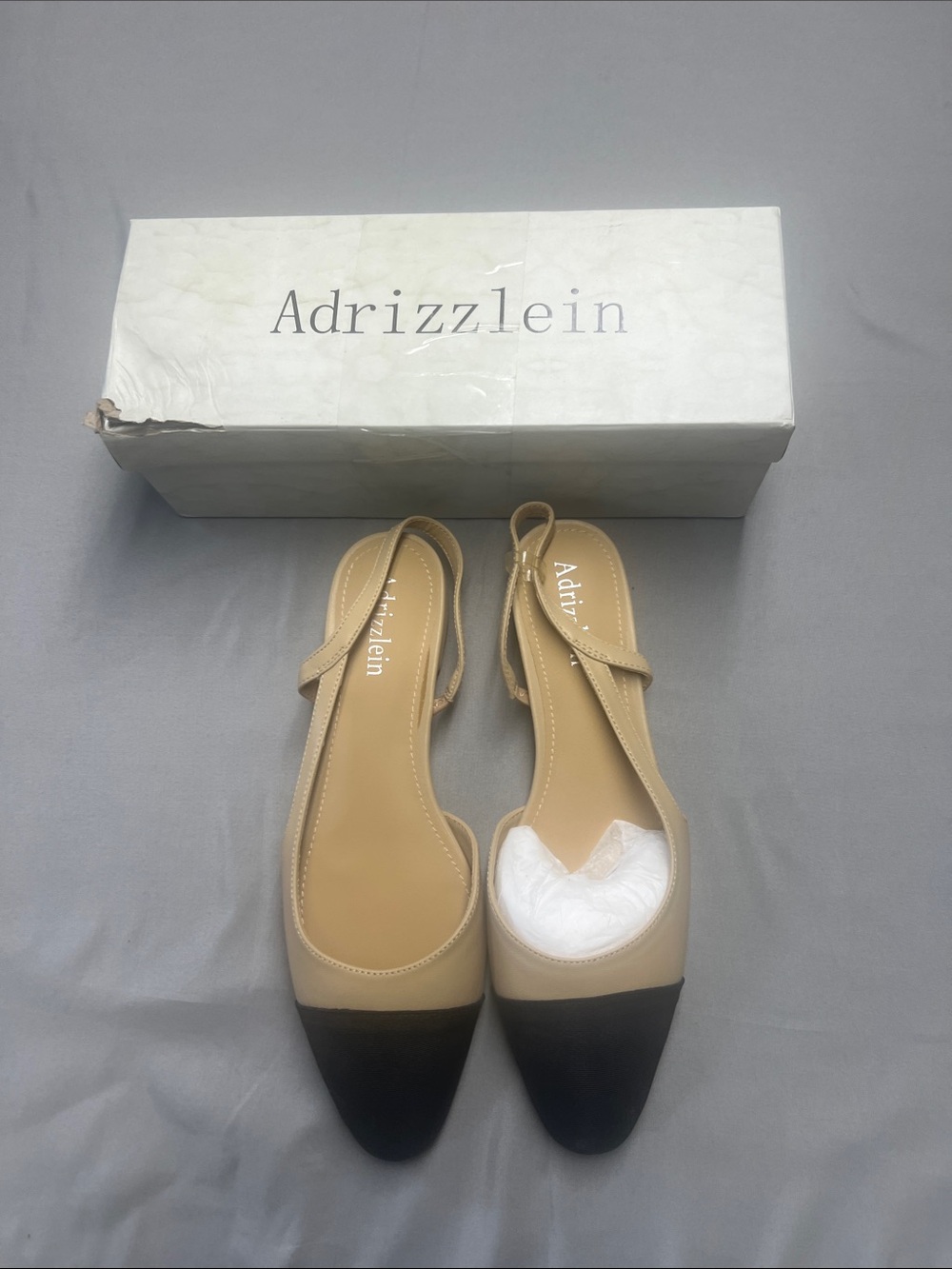 Beige and Black Slingback Pointed-Toe Flats 0810